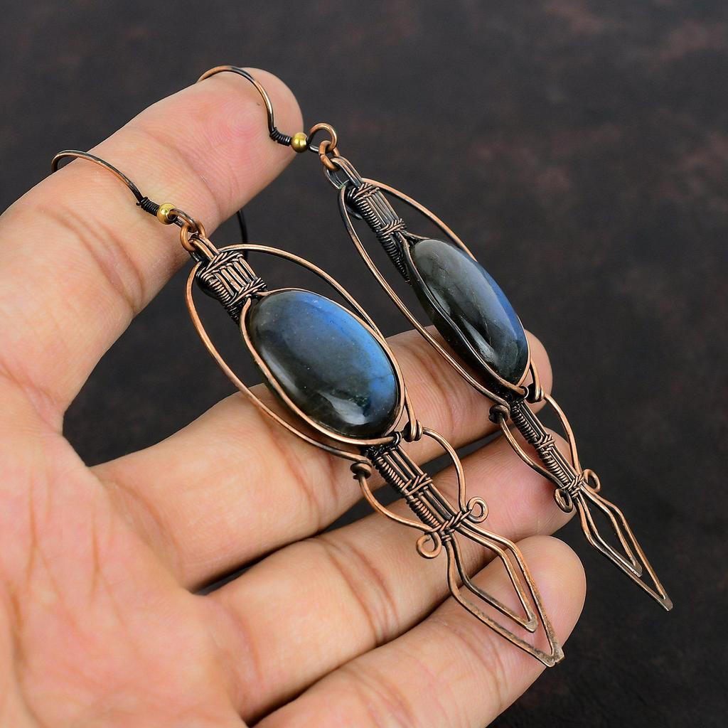 Серьги с лабрадоритом, медная проволока, серьги с драгоценными камнями, медные украшения, серьги ручной работы, подарок для нее, дизайнерские серьги, ювелирные изделия, завернутые в проволоку