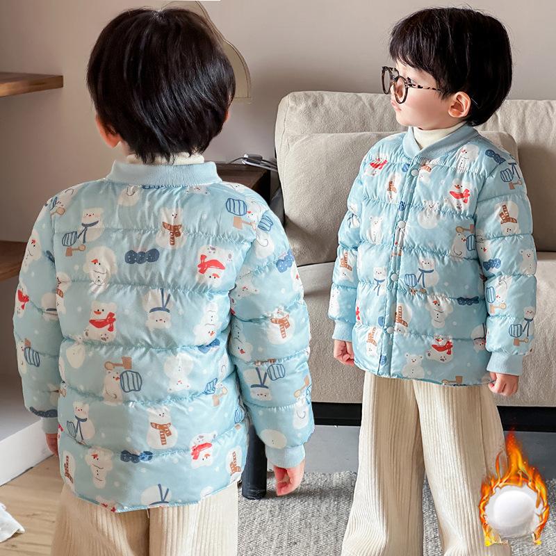 Теплая детская одежда с хлопковой набивкой в зарубежном стиле, зимняя детская утолщенная короткая куртка с V-образным вырезом с хлопковой набивкой, детские осенние милые куртки с мультяшным принтом