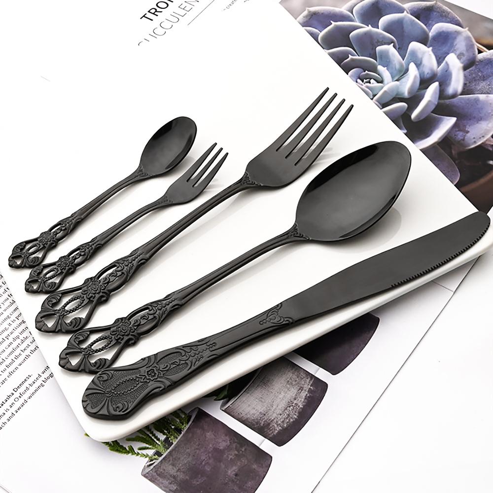 Черный кухонный набор столовых приборов, 1 шт., нож, десертная вилка, чайная ложка, набор столовых приборов, столовые приборы из нержавеющей стали, винтажный набор посуды