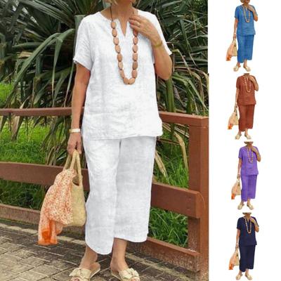 2 шт., блузка с короткими рукавами, комплект брюк для женщин, свободный топ, широкие брюки, комплекты, однотонный спортивный костюм, летняя повседневная одинаковая одежда