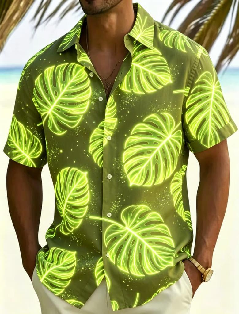 Men's Neon Tropical Floral Print Casual shirt, Personalized Summer style, Suitable For Night travel, Pool Parties And Daily Wear
