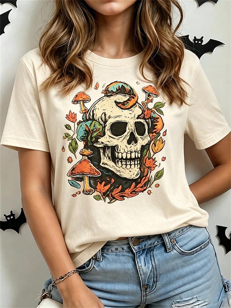 Women's Fashionable Casual Short-Sleeve Halloween T-Shirt with Spooky Skull Print and Round Neckline Perfect for Holiday Parties
