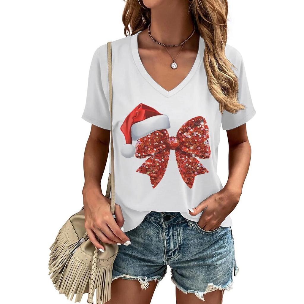Christmas Santa Hat Glittery Red Bow Tshirt For Unisex Vneck Festive Holiday Party Tops Unisex Merry Christmas Soft Tee