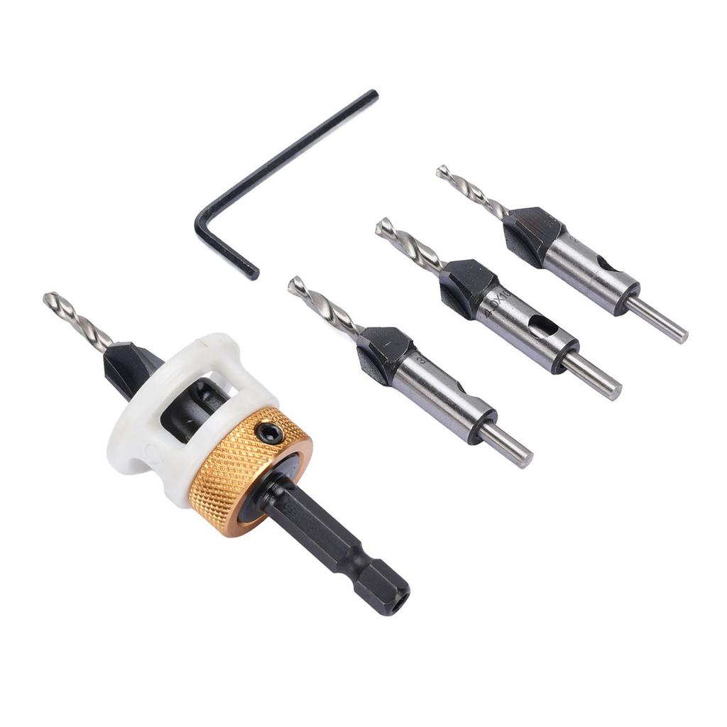 Набор зенковочных сверл по дереву 4 шт. 4 спиральных канавки хвостовик 6,25 мм регулируемая глубина ступенчатое сверло