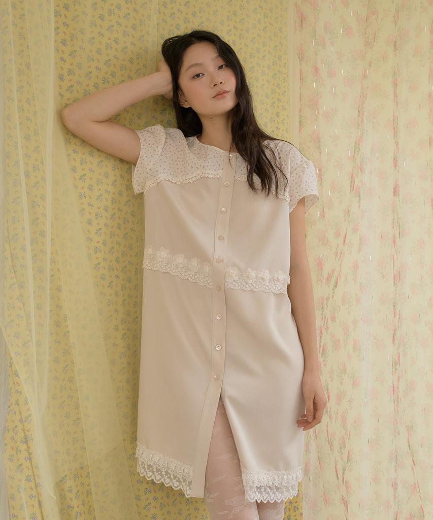 Sennyu Flower Lace Cake Shirt Dress (Beige)