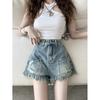 High Waist Distressed Denim Shorts Women Slim Fit Cropped Jean Casual Streetwear
