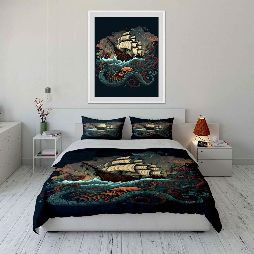 Sea Monster Attacking Sailing Ship Print Bedding Set 1 Duvet Cover 2 Pillowcases for Adult and Children Luxury Gift Full Size