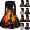 Женское Повседневное Винтажное Платье с Принтом на Хэллоуин, Длинный Рукав, Круглый Вырез, Ретро Стиль, Платье Миди с Поясом, Для Сезонной Носки