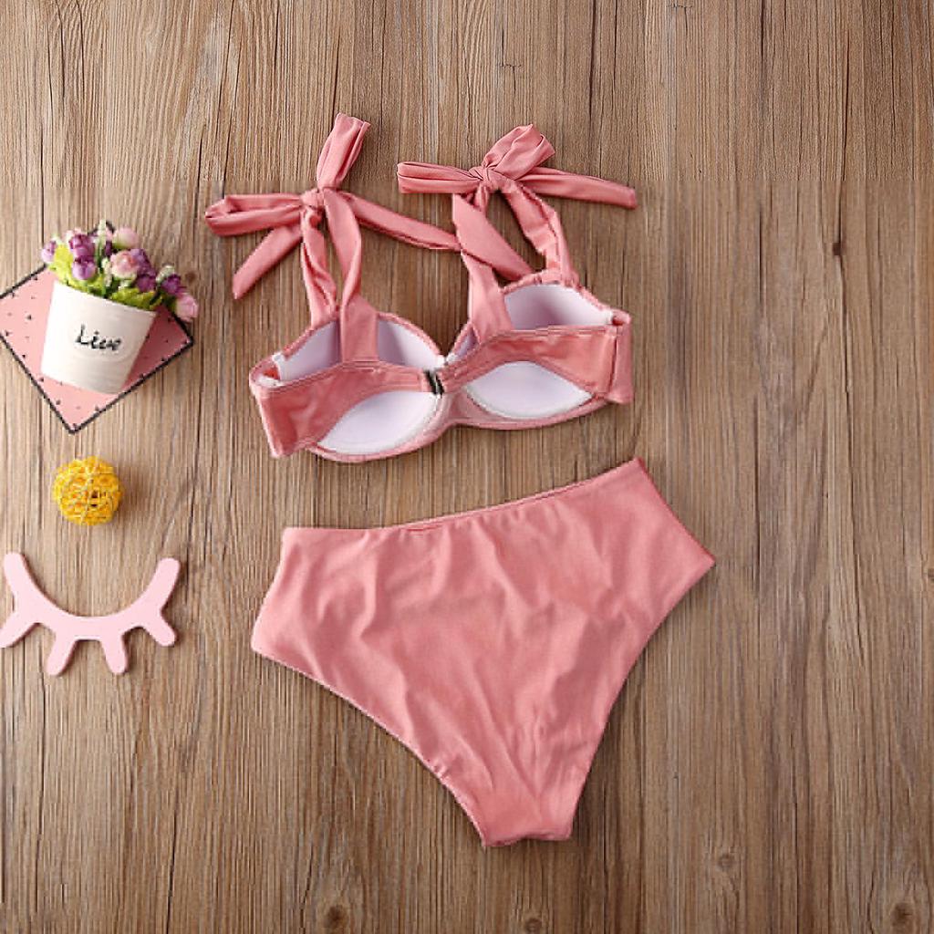 Women Lace-up Strap Bow High Waist Thong Bikini Set Swimsuit 2020 New Pink Padded Push-up Bra Bathing Suit Swimwear