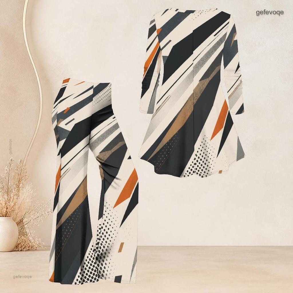 Women Plus Size V Neck Long Sleeve Navy Blue White Printed Top And Flared Pants Two Piece Set