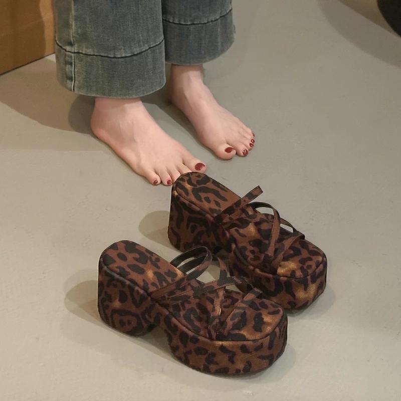 Fashion Platform Slippers for Women Open Toe Wedges Sandals Narrow Band Slide Shoes for Women Leopard Print Sandalias De Mujer