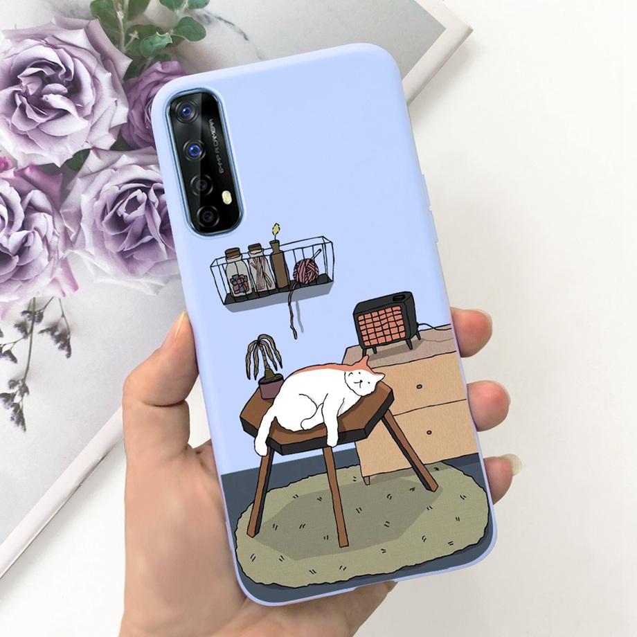 For Realme 7 4G Global Version Case Matte Liquid Silicone Bumper Shell For Realme7 RMX2155 Back Cover Lovely Cat Design Fundas