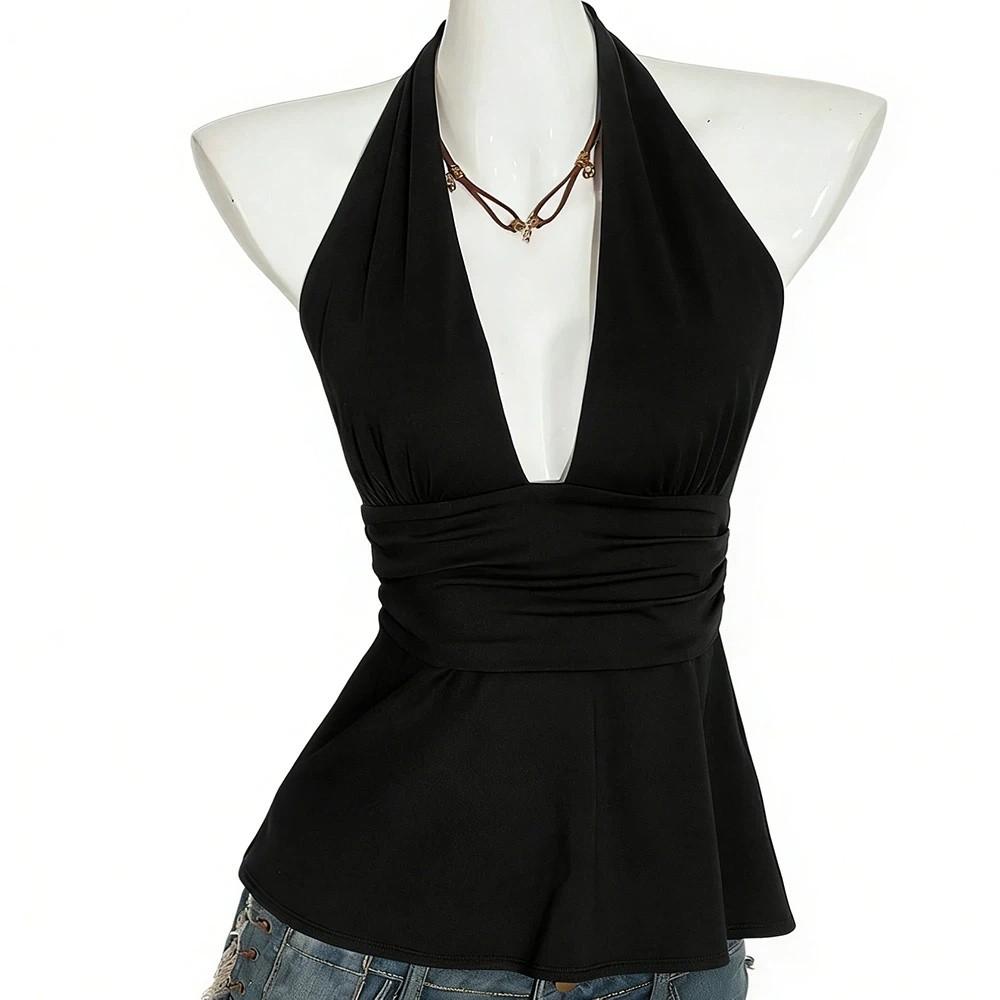 Deep V Neck Lace-up Dots Camisole Pleated Halter Ruffle Vest Ins Style Women Crop Top Girl