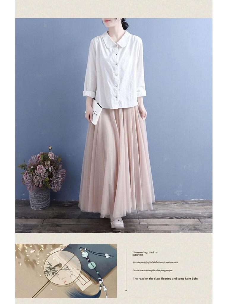 Женская однотонная рубашка из хлопка и льна с длинным рукавом — легкая, повседневная, весна 2024 г.