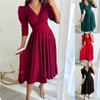 Elegant Fashion Cross V Neck Women Dress New Pleated Seven-quarter Sleeve Casual Party Dresses Puff Sleeve Loose A-line Solid Color Dress Clothes 1356