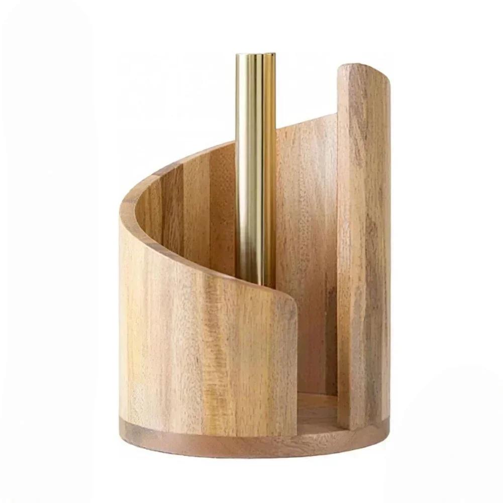 Kitchen Paper Towel Holder with Wood Round Base and Iron Rod for Countertop Use Fits Large Paper Rolls 11 5 by 8 25