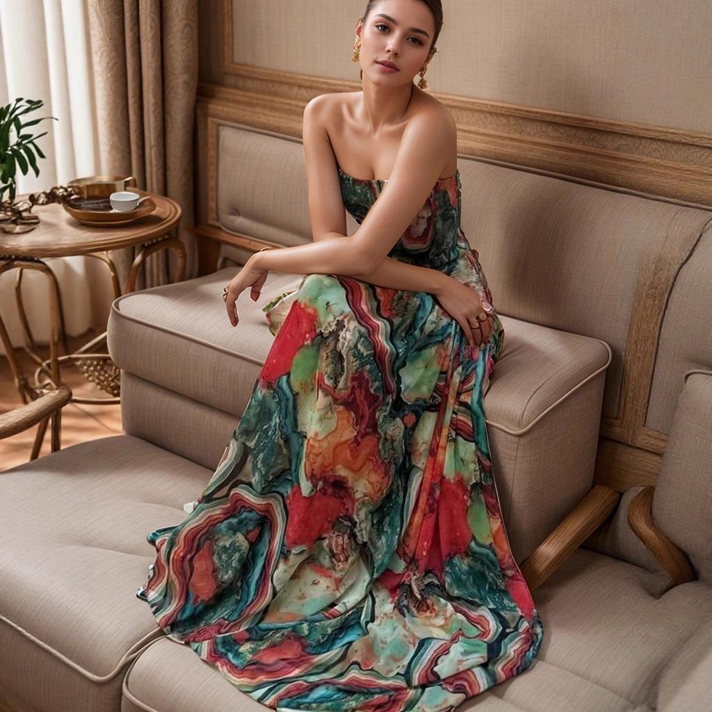 Женское strapless макси-платье с абстрактным принтом разных цветов, эластичная талия, струящееся длинное платье