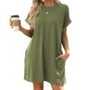 2024 Spring/Summer Solid Color Round Neck Pocket Loose Short-Sleeved Dress