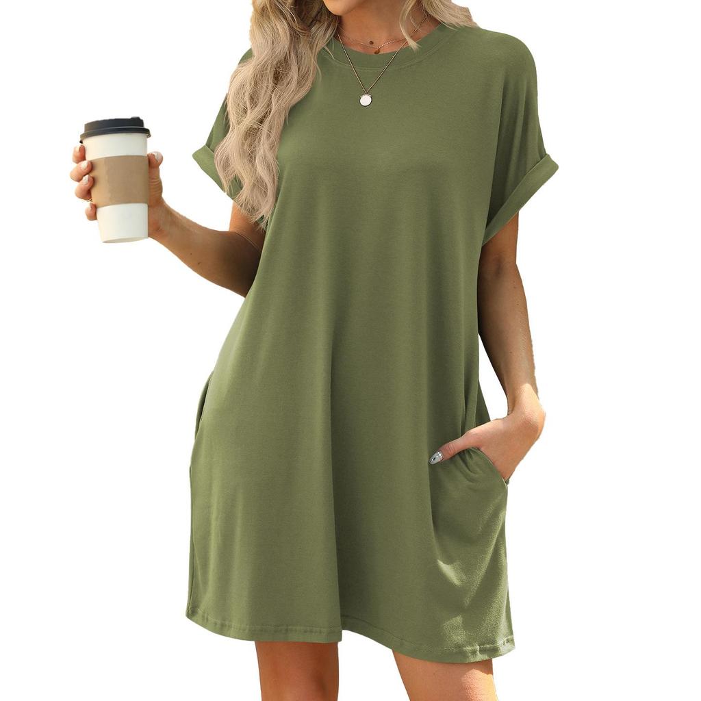 2024 Spring/Summer Solid Color Round Neck Pocket Loose Short-Sleeved Dress