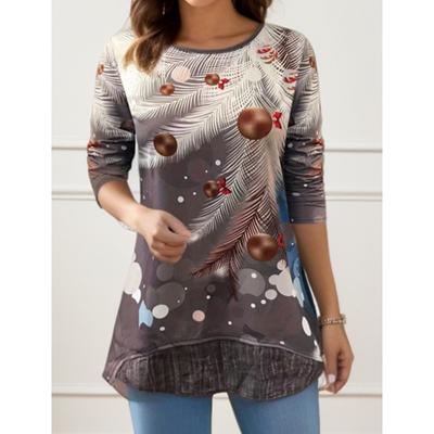 Женская мода повседневная весна осень рождественская принт длинный рукав блузки и рубашки с круглым вырезом
