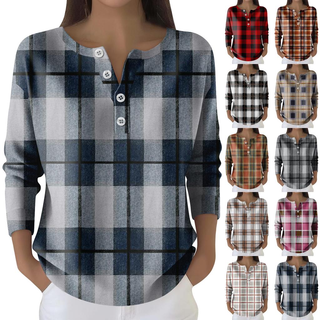 Women's Fashion Long Sleeve Plaid Geometric Print Top Elegant Casual Top