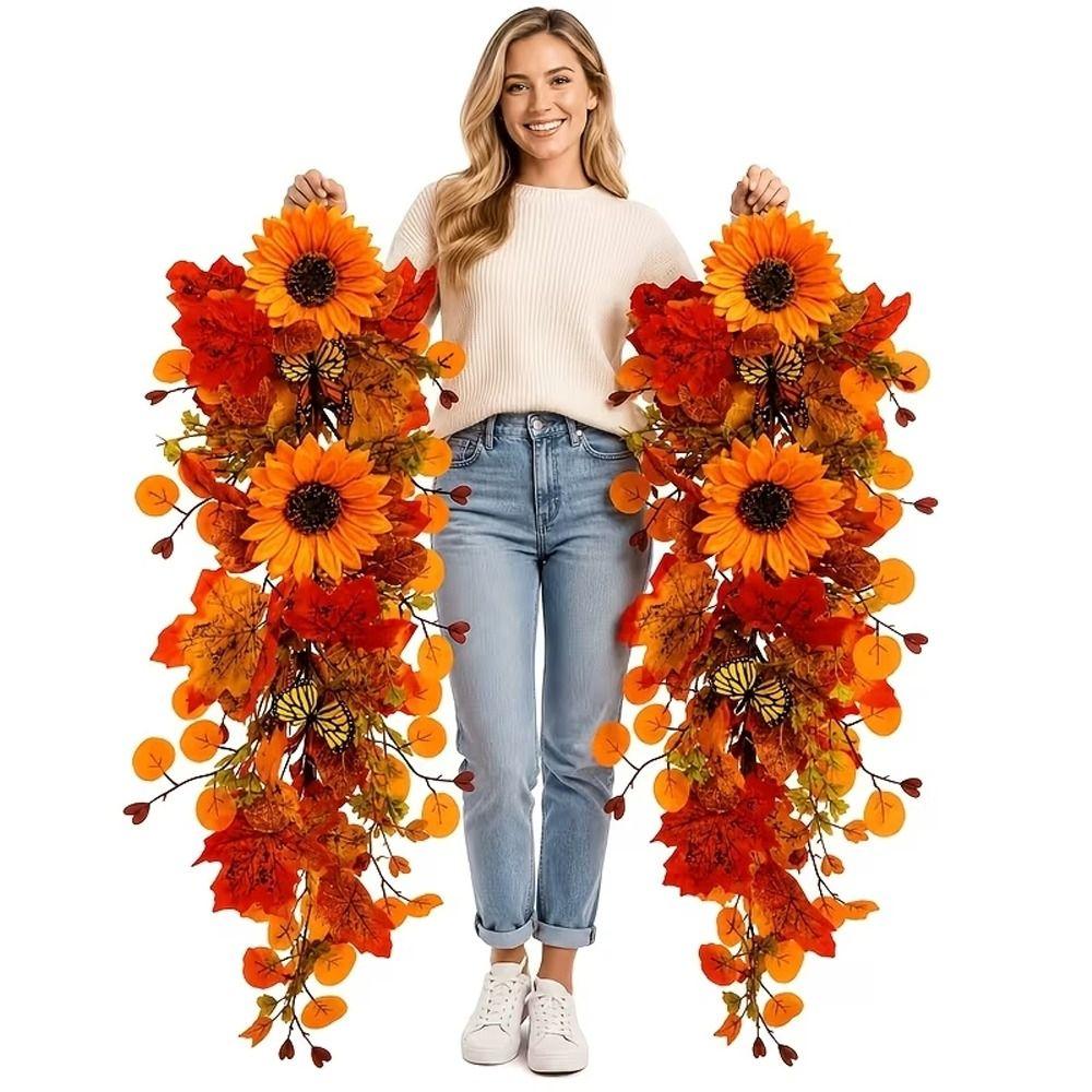 Lifelike Artificial Fall Wreath Rustic Fall Sunflower Teardrop Swag Front Door