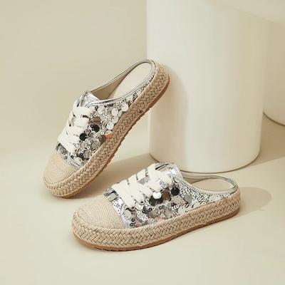 Винтажные плетеные сандалии и шлепанцы на платформе с пайетками для женщин Новая мода и универсальная обувь слипоны на мягкой подошве Повседневная пляжная обувь для мытья полов