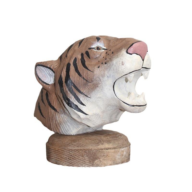 Искусственная скульптура животного Резьба по дереву Голова животного Тигр Лев Резьба по дереву Поделки Сосновые украшения Аксессуары для домашнего декора