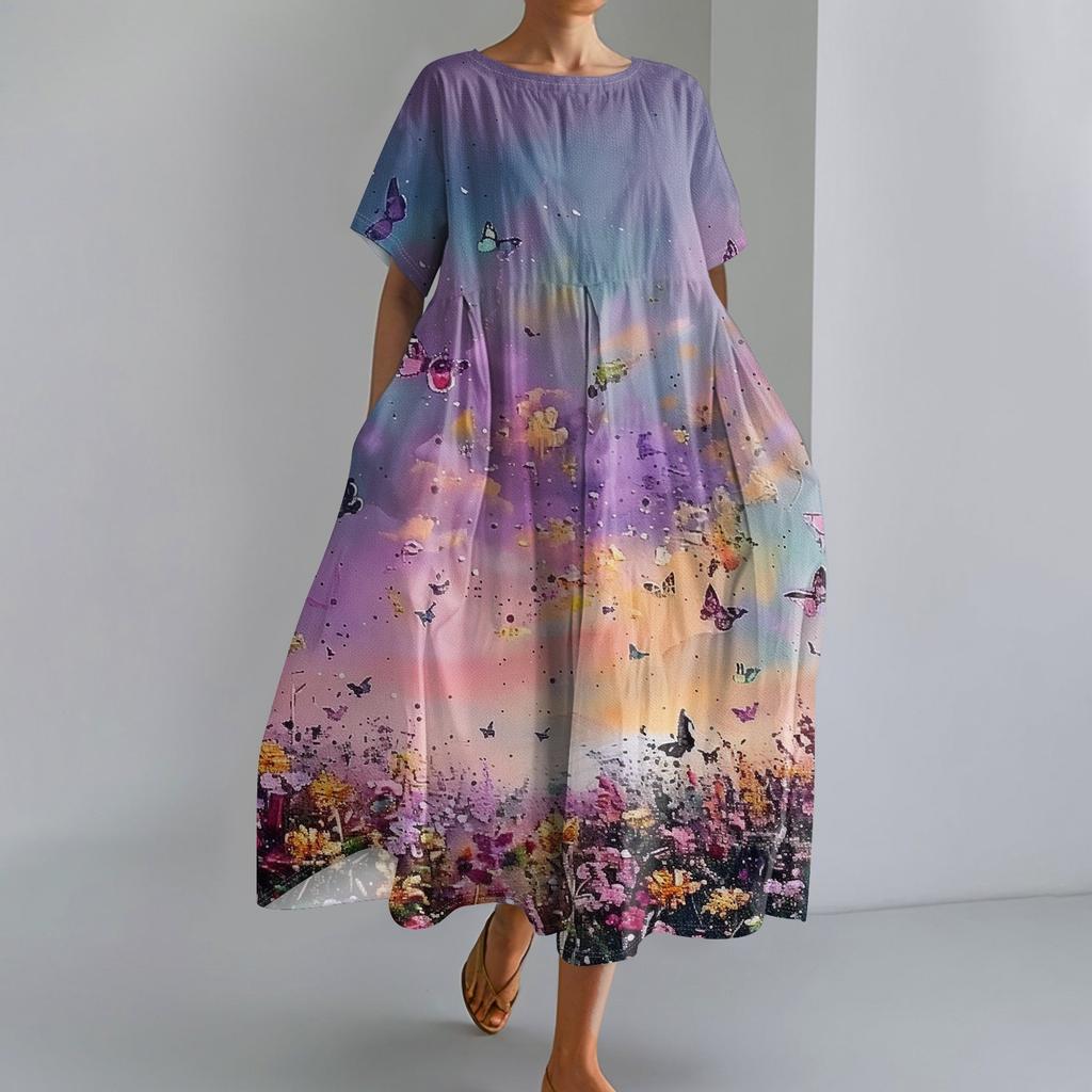 Женское модное свободное платье с большим карманом и круглым вырезом с градиентным принтом и короткими рукавами