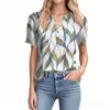 Women's Fashion Casual Flower Print V-neck Short Sleeve Button Up T-shirt Top