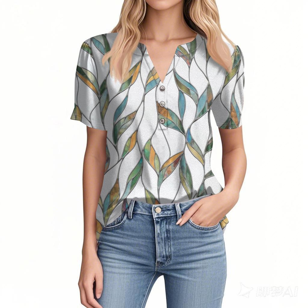 Women's Fashion Casual Flower Print V-neck Short Sleeve Button Up T-shirt Top