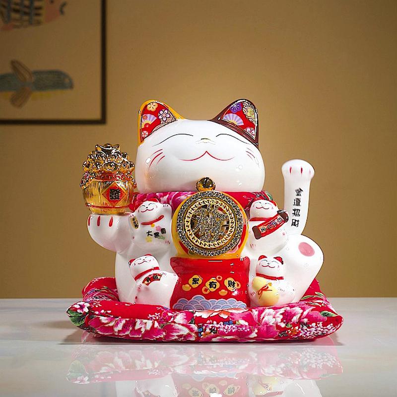 9-дюймовый керамический манящий кот Манеки Неко Украшение Фэн-шуй Качели Удачливый кот Работает от батареи / USB