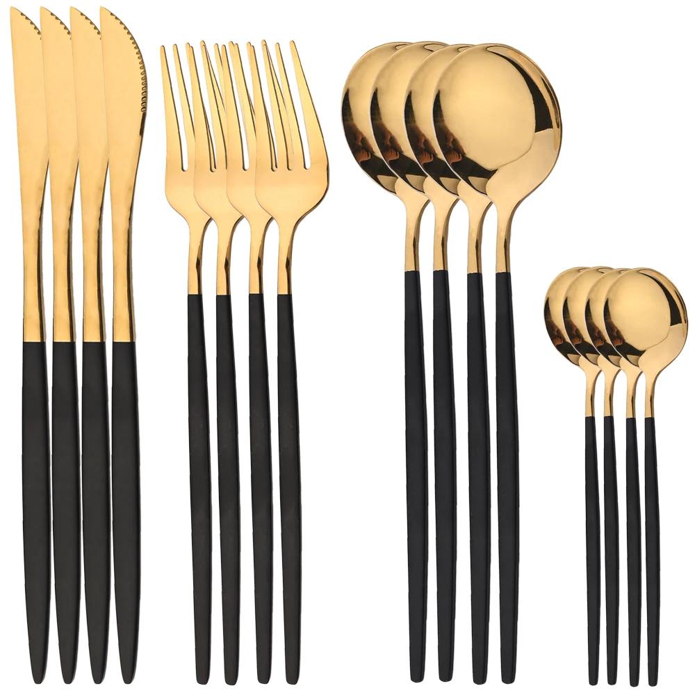 16Pcs Cutlery Luxury Golden Flatware Set, Stainless Steel Kitchen Dinner Spoons,Dinner Spoon Forks, Dinner Knives Silverware