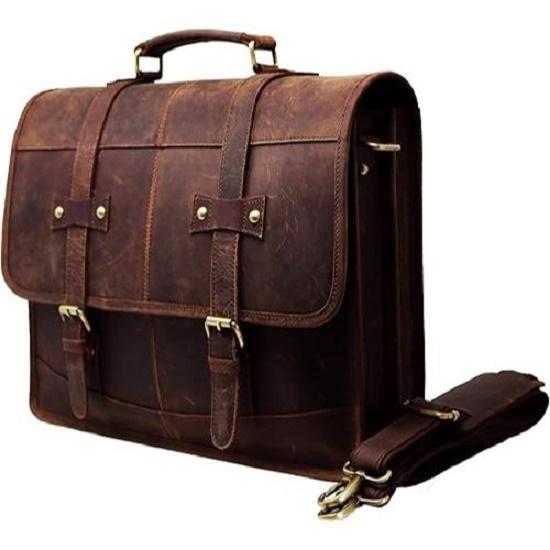 16" Mens Briefcase for Laptop Genuine Leather Messenger Bag for Men Satchel Distressed Stylish Professional Shoulder Bag