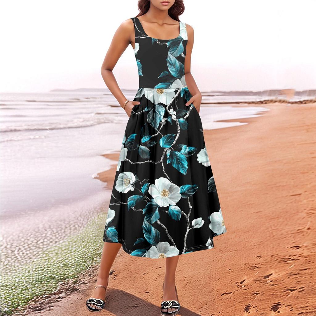 Women's  Summer Spring Casual Floral Sundress Sleeveless Beach Vacation Flowy Boho Tank Midi Dresses