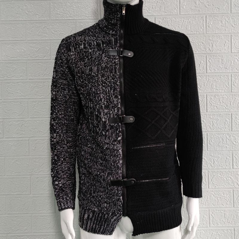 Men's Plus Size Color Block High Neck Cardigan with Leather Buckle - Long Sleeve Knit Sweater, Autumn/Winter Collection