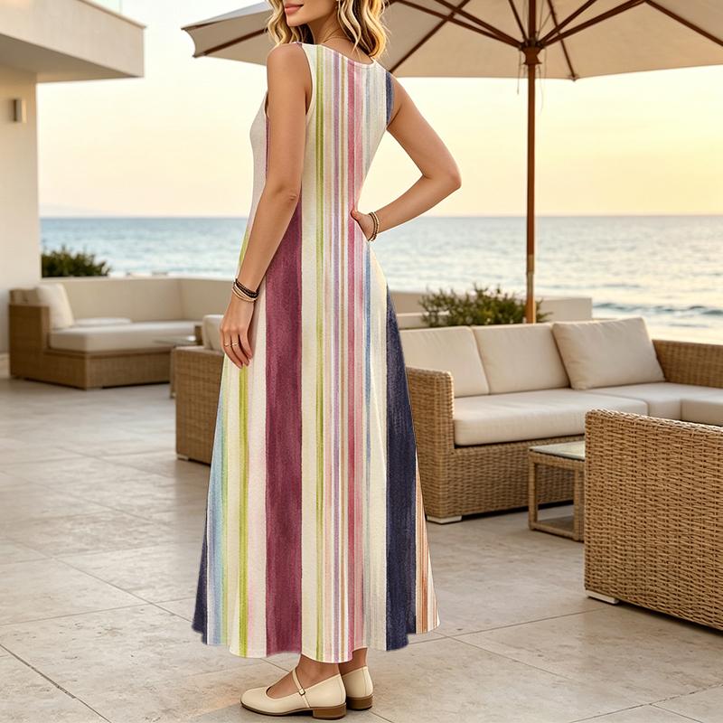 Women's Vibrant Striped Sleeveless Long Maxi Dress,Comfortable Summer Casual Versatile Dress for Beach Vacation & Daily Wear