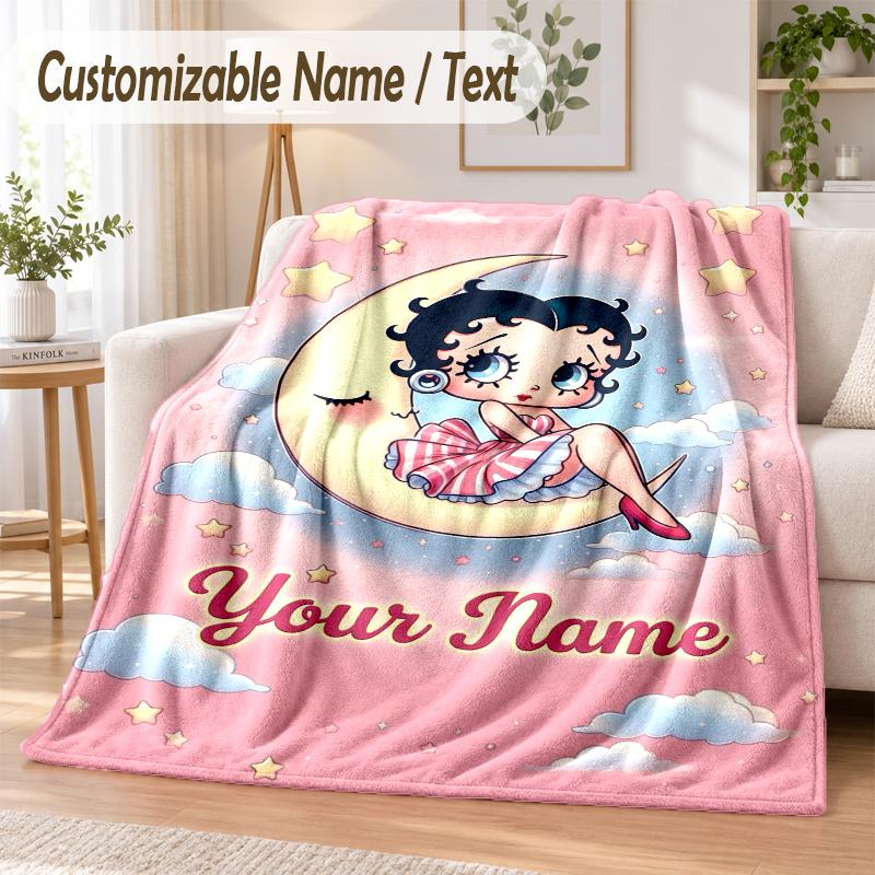 Betty Boop Custom Name Flannel Throw Blanket Soft Warm for Sofa Bed Indoor Home Use