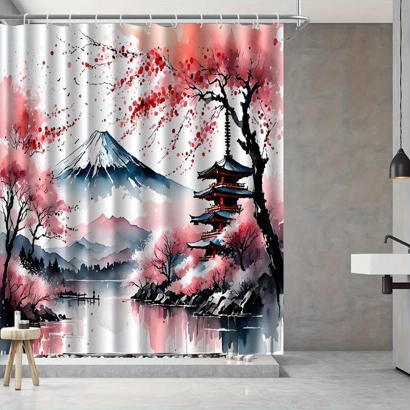 1pc Fuji cherry blossom pattern shower curtain, polyester fabric, machine washable, with hooks, suitable for bathroom decoration