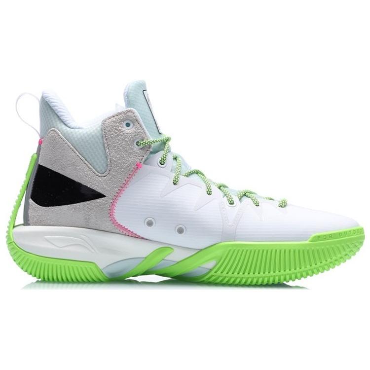 Li Ning Badfive 1 Badfive Износостойкие Амортизирующие Нескользящие Средневысокие Баскетбольные Кроссовки Мужские Бело-Зеленые ABFQ015-2
