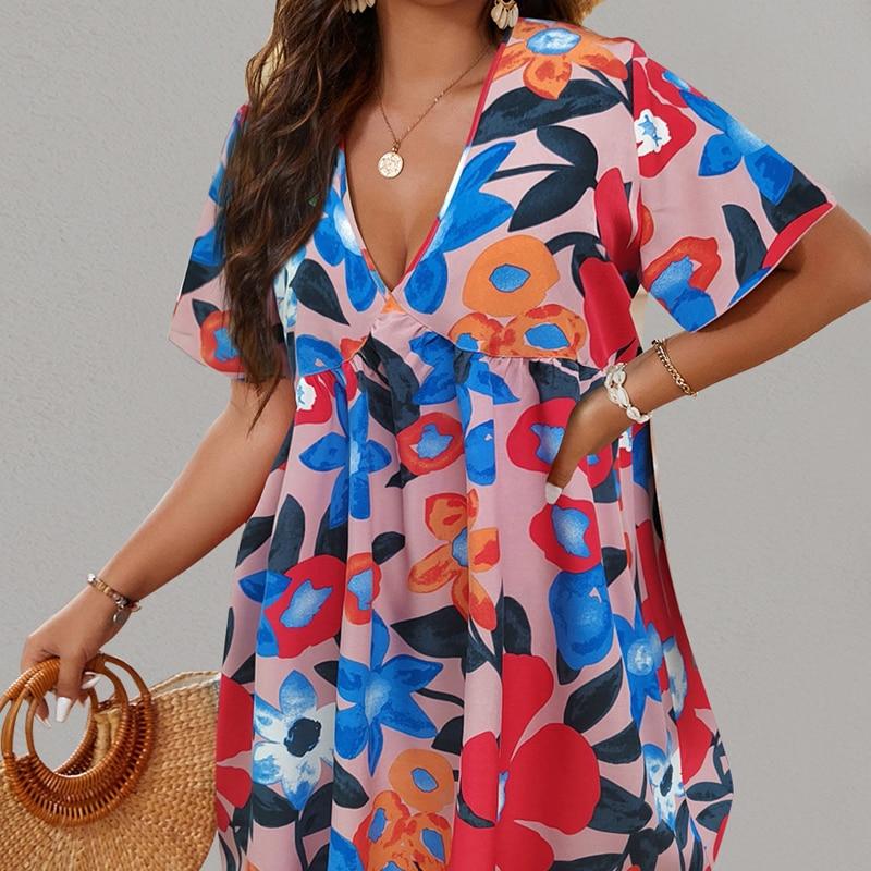 Летнее свободное платье с коротким рукавом и v-образным вырезом, милое платье с цветочным принтом, повседневное плиссированное платье больших размеров, женская одежда 28060