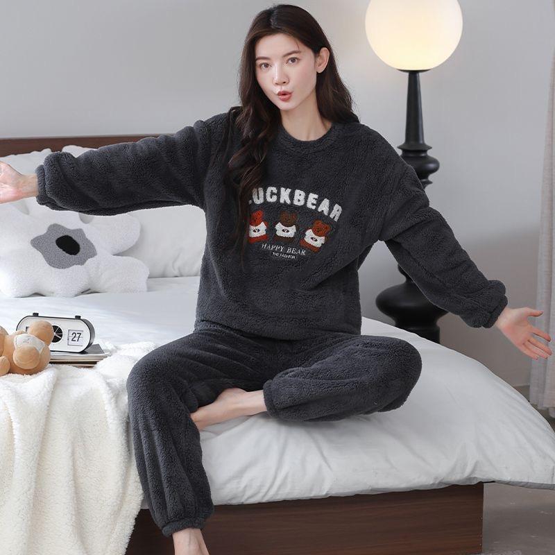 Мультяшные пижамные комплекты Осень-Зима 2025 для женщин, теплые, утолщенные пижамы, длинная одежда для сна, пижамы для девочек, домашняя одежда из кораллового флиса