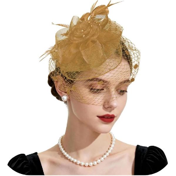 Шляпки-fascinator для женщин Шляпа для чаепития Цветочная сетка Перья Повязка на голову Винтажный коктейльный головной убор с вуалью