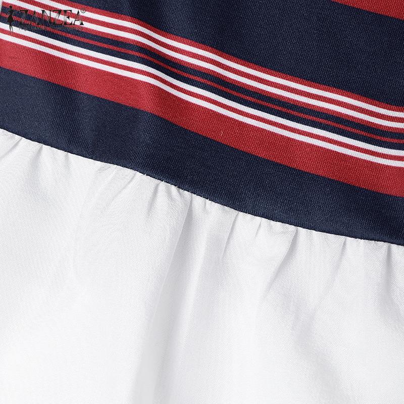 ZANZEA Женское повседневное летнее платье с круглым вырезом, коротким рукавом, в полоску, пэчворк, длинное