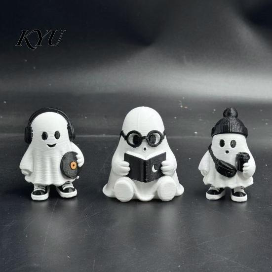 Creative Holiday Gift for Friends Cute Halloween Ghost Figurine, Holding Coffee/Book/Record Resin Statue, Desktop Ornaments Spooky Tabletop