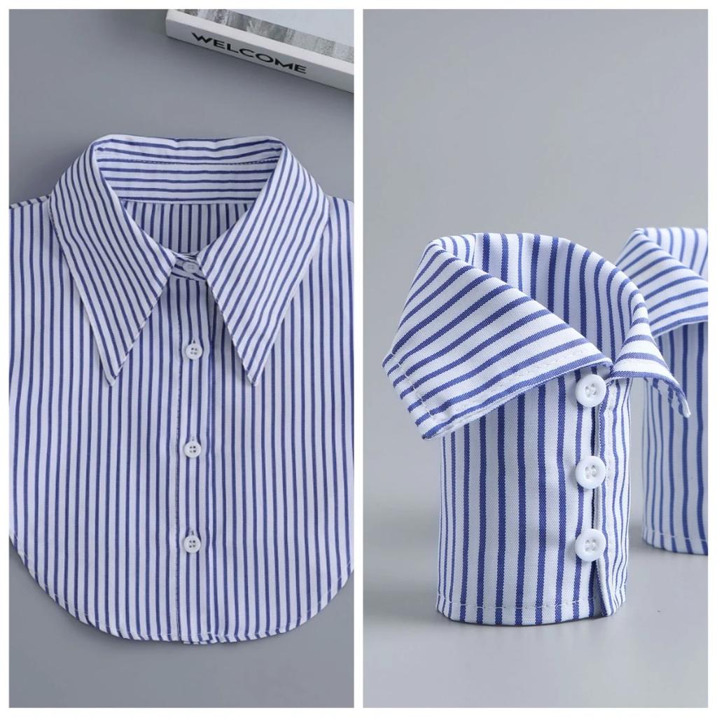 Blue Striped Shirt Fake Collar for Womens Fake Sleeved Cuff Half Shirt Detachable Collar Formal Suits Fake Cuff False Collar