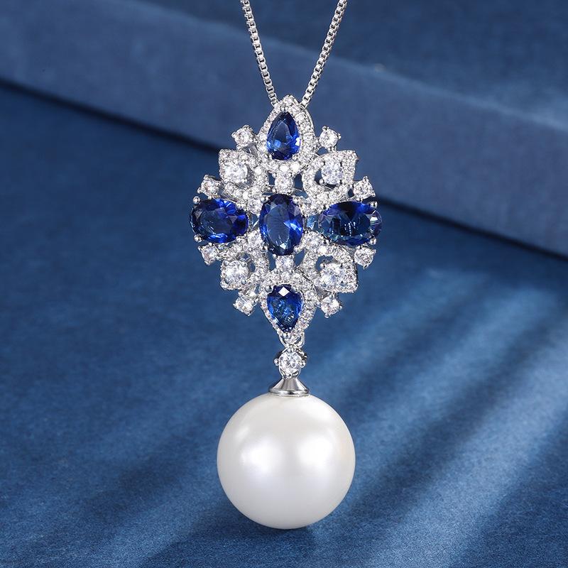 Inlaid white rhombus oval blue diamond zircon pearl pendant necklace simple retro personalized necklace