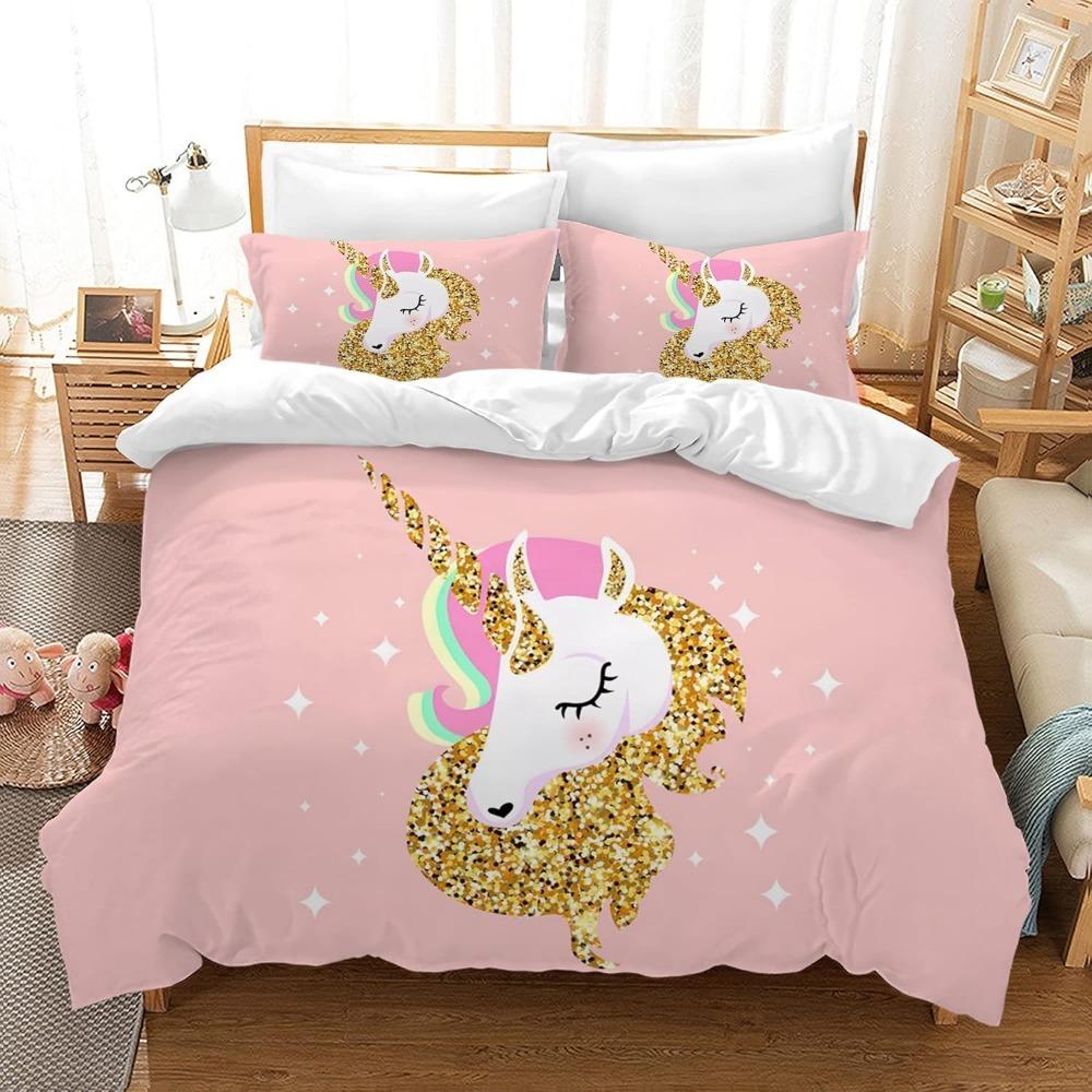 Постельное белье с единорогом Детский постельный комплект с пододеяльником и 2 наволочками, мультяшное микрофибровое мягкое постельное белье для девочек