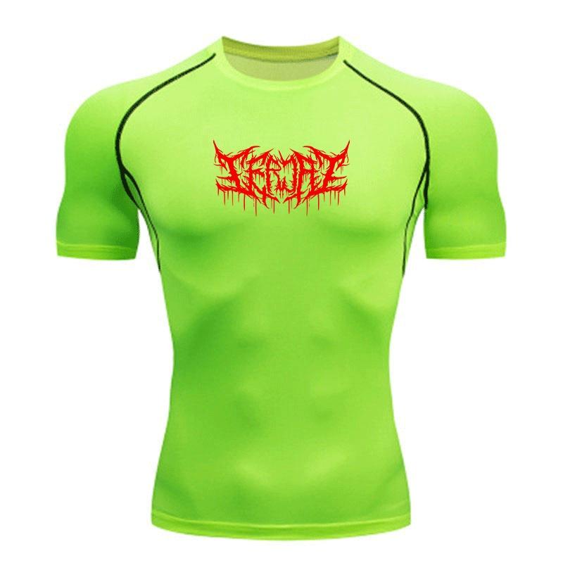 Men's Quick Dry Compression Workout T-shirt, Red Deathmetal Dripping Print Athletic Top for Gym Running Training Active Wear