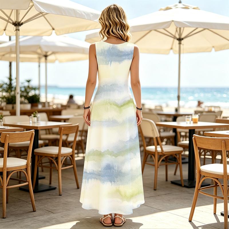 U Neck Sleeveless Maxi Dress,Blue Green Horizontal Watercolor Wash Pattern Casual Women Seaside Long Dress